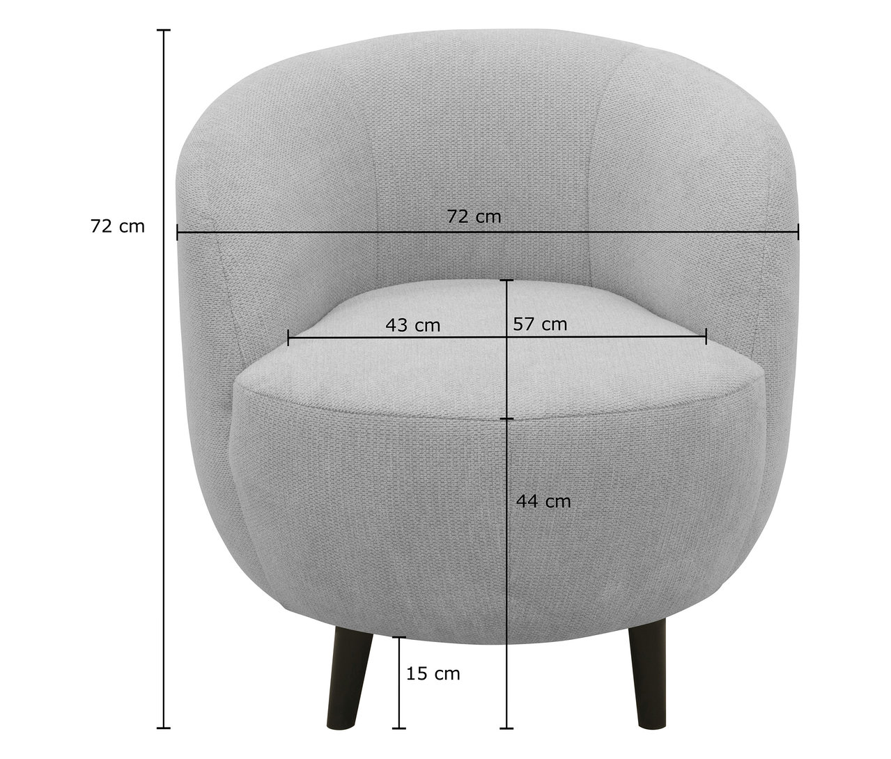 Abmessungen des grauen Sessels: 72 cm hoch, 44 cm Sitzhöhe, 72 cm Sitzbreite, 15 cm Beinhöhe.