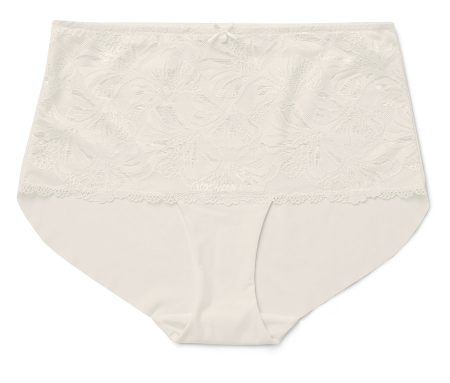Beige Damenslips mit floraler Spitze und Schleife an der Taille.