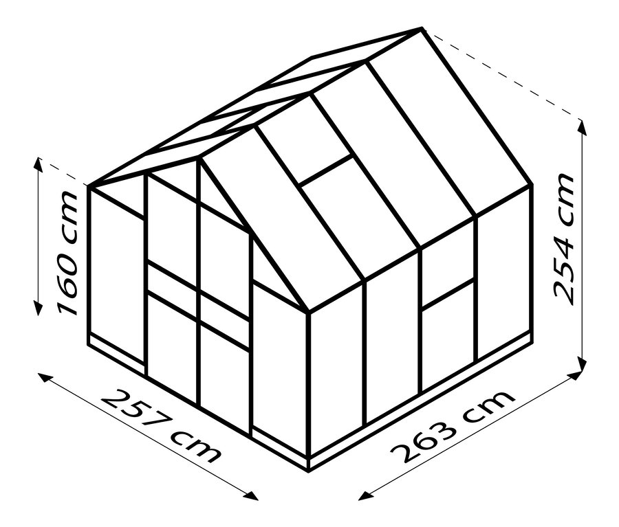 Diagramm des Vitavia Gewächshauses Olymp 6,7m² inklusive Fundamentrahmen mit hervorgehobenen Abmessungen.