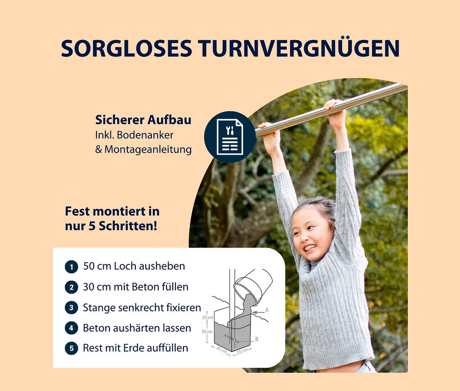 Mädchen hängt an HUDORA-Doppel-Turnreck »Fabian Pro« im Freien.