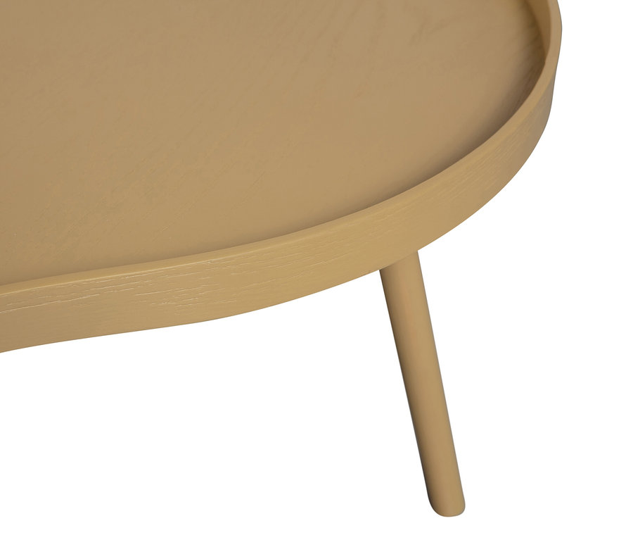 Nahaufnahme vom runden, alpaka-farbenen WOOOD Beistelltisch »Mae« mit drei Beinen.