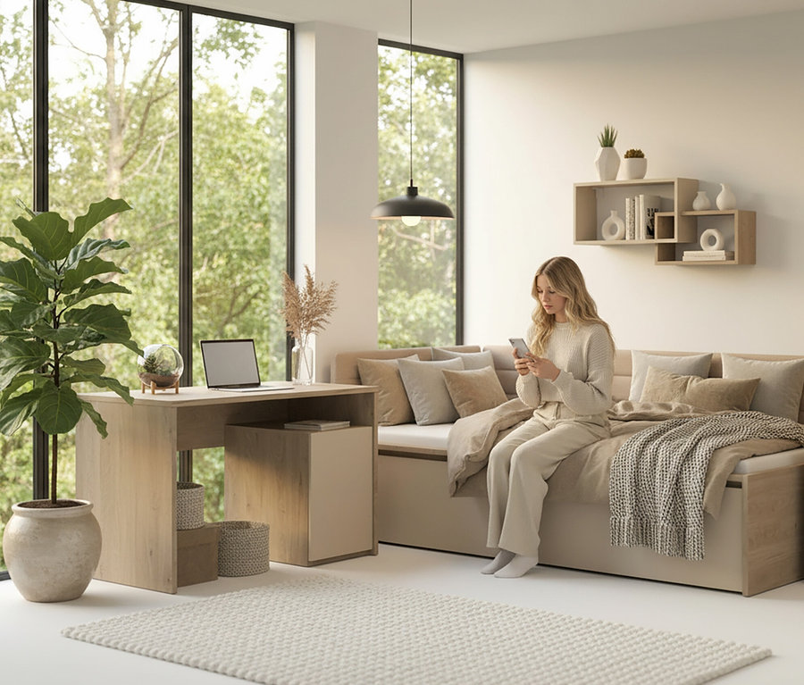 Frau sitzt auf einem Sofa und benutzt ein Smartphone. Im Hintergrund steht ein Roba Schreibtisch »Louisa«.