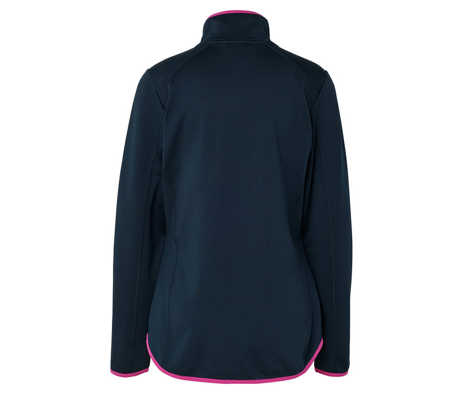 Rückansicht einer dunkelblauen Fleecejacke mit pinkfarbenen Akzenten an Kragen und Saum.