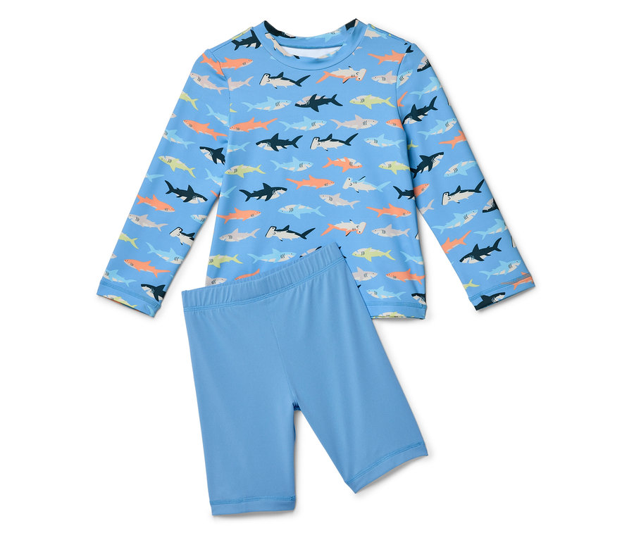 Hellblaues zweiteiliges Schwimmset mit Hai-Muster.