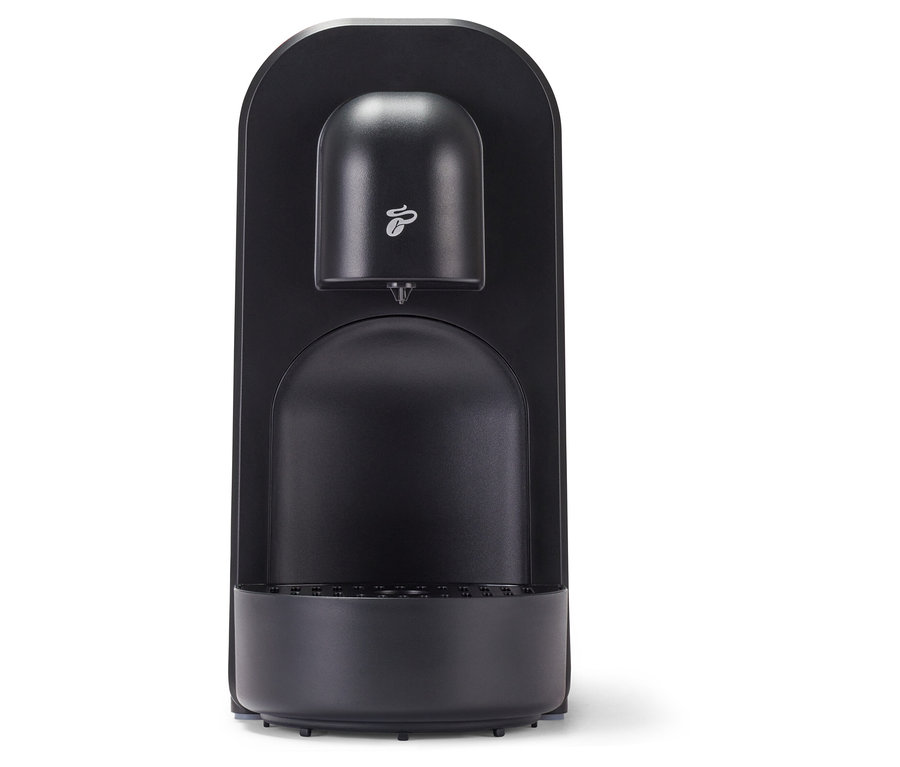 Schwarze Cafissimo now white Kaffeemaschine von vorne, mit Kaffeebohnen-Logo oben.