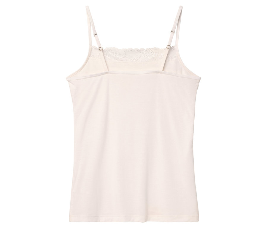 Rückansicht eines weißen Tanktops mit Spitzendetails und verstellbaren Trägern.