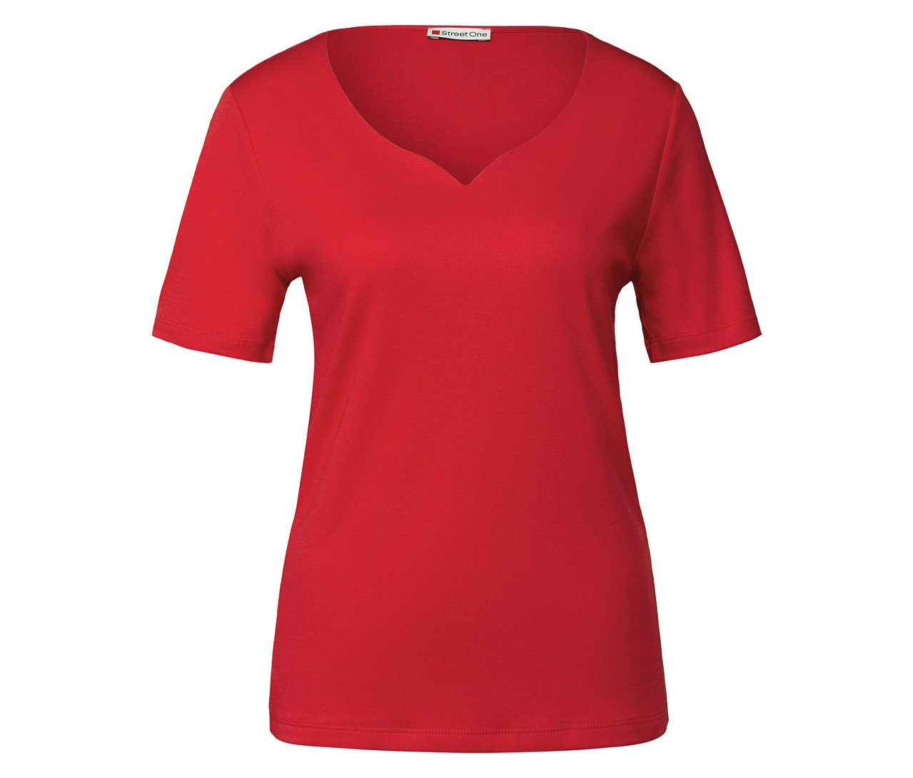Rotes Street One Shirt mit Herzausschnitt.