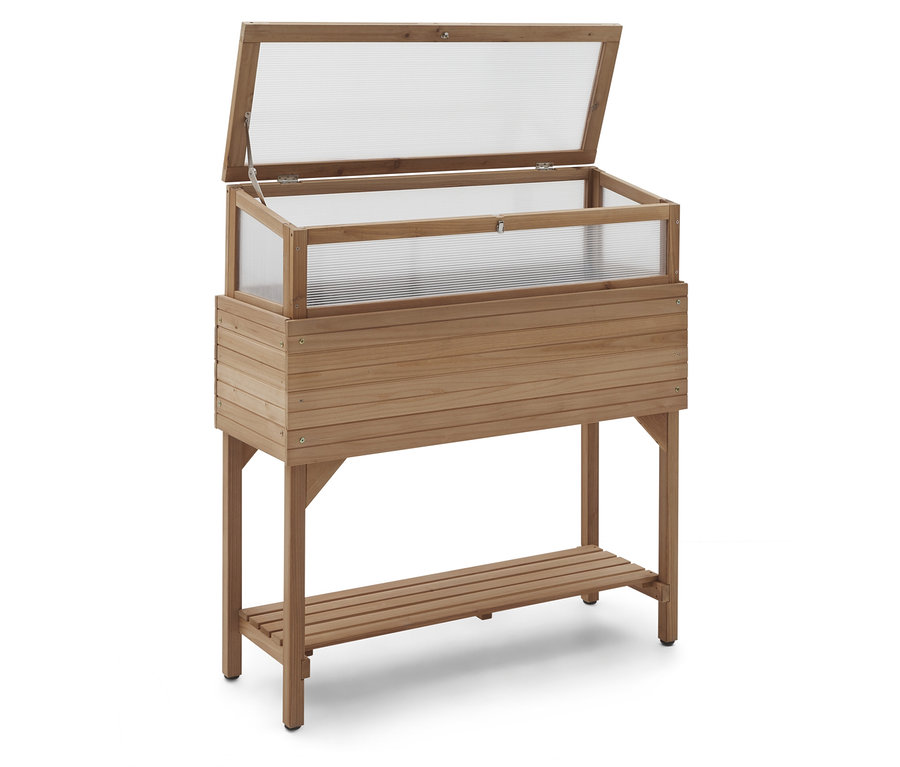 Ein hölzernes Hochbeet mit transparentem Deckel steht auf einem weißen Hintergrund.