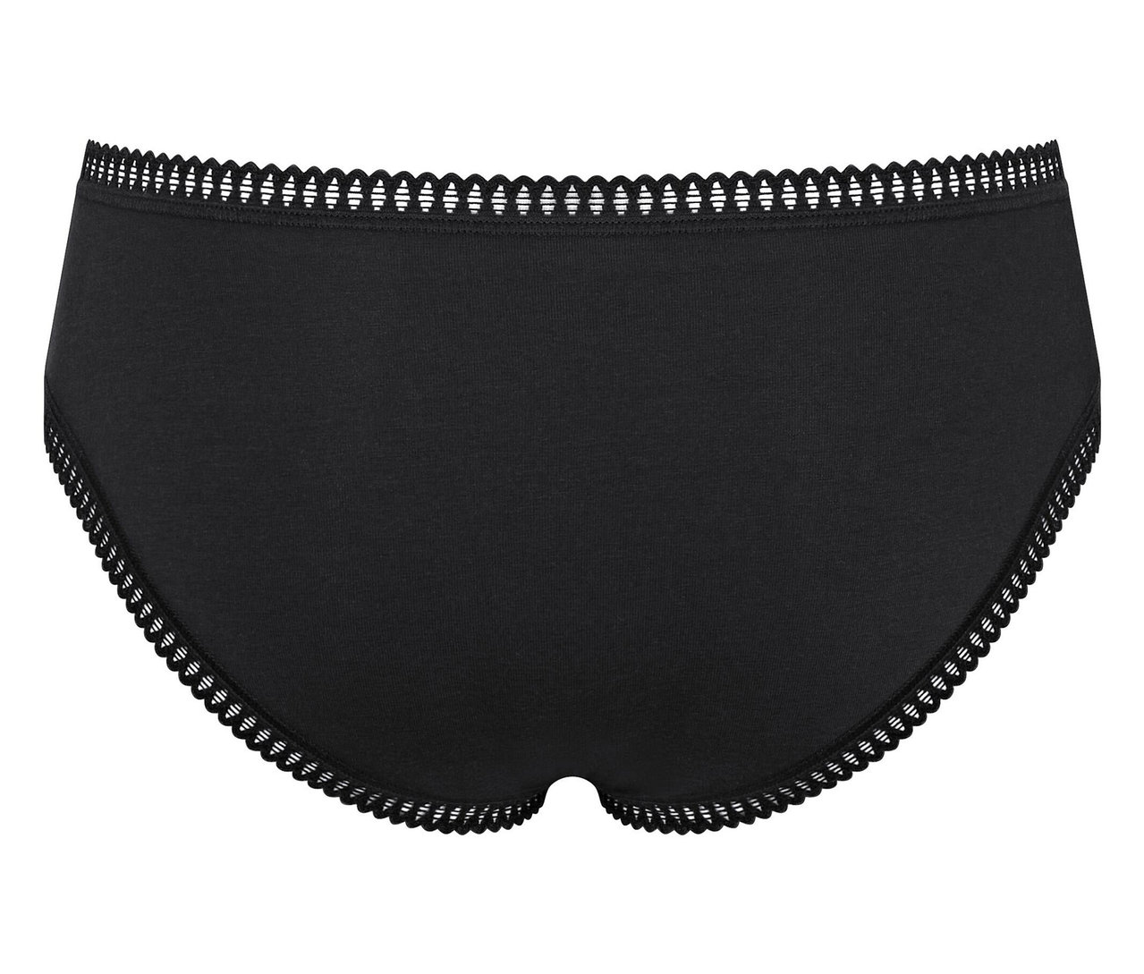 Schwarzer Slip mit weißer Spitzenbordüre.