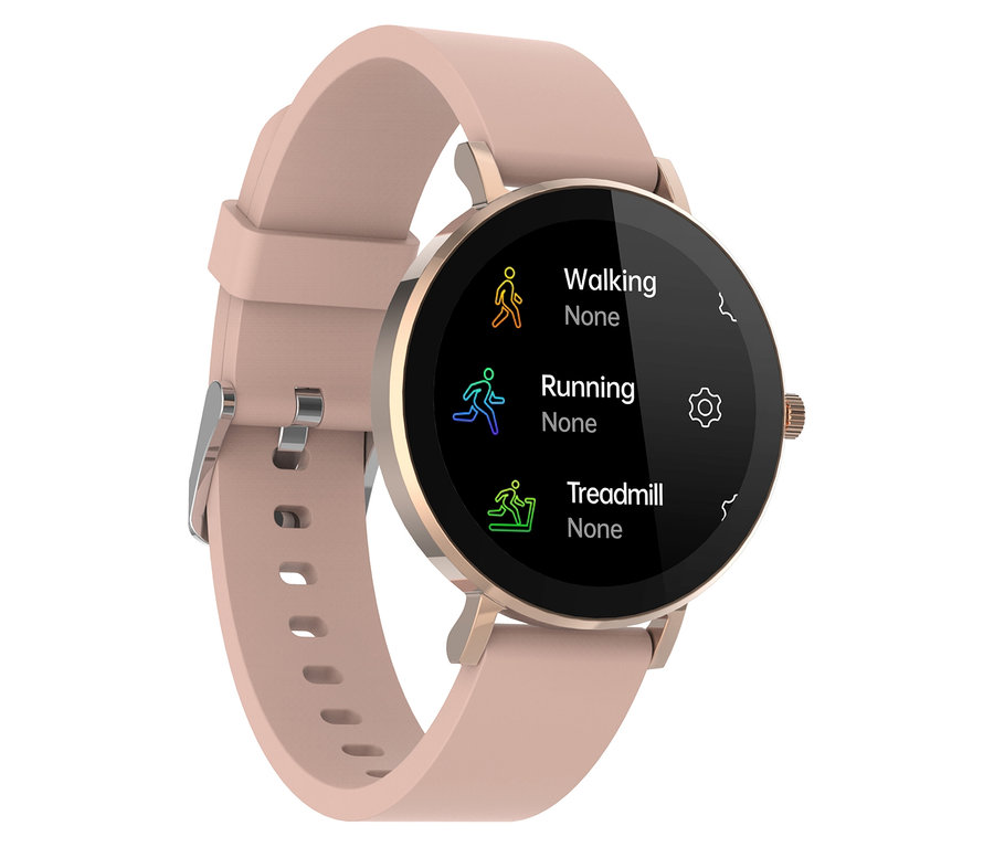 Nahaufnahme der roségoldfarbenen Kienzle »Active Smart Slim« Uhr mit Menüanzeige für Walking, Running und Laufband.