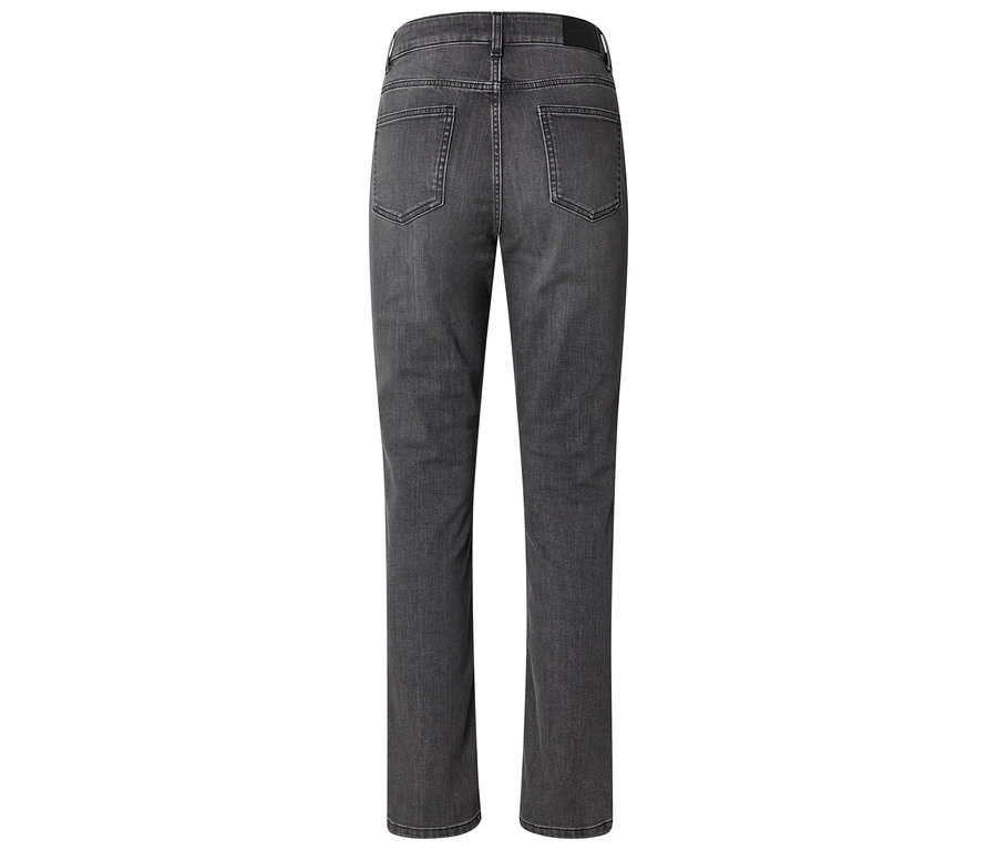 Rückansicht einer grauen Jeans mit geradem Bein und Taschen.