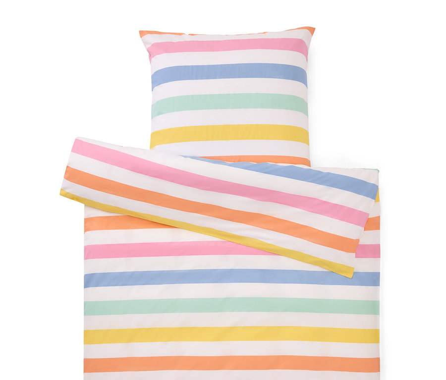 Bettwäsche-Set mit bunten Streifen, bestehend aus Kissen- und Deckenbezug.
