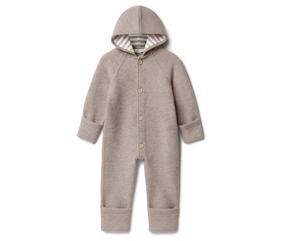 Beiger Wollwalk Overall mit Kapuze und Knöpfen.
