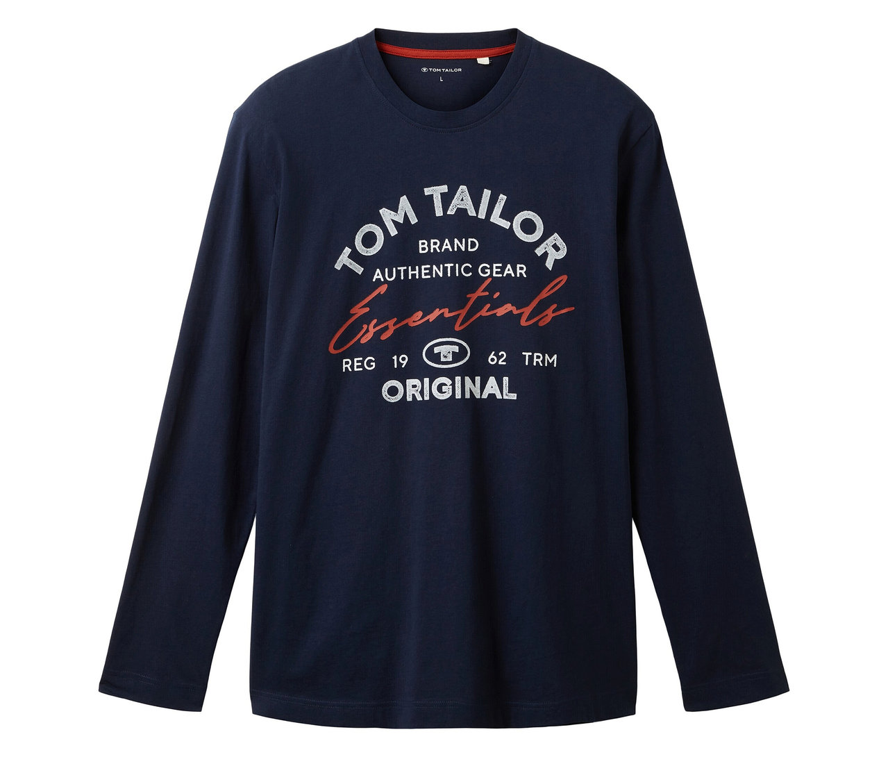 Dunkelblaues Tom Tailor Langarmshirt mit weißem Aufdruck.
