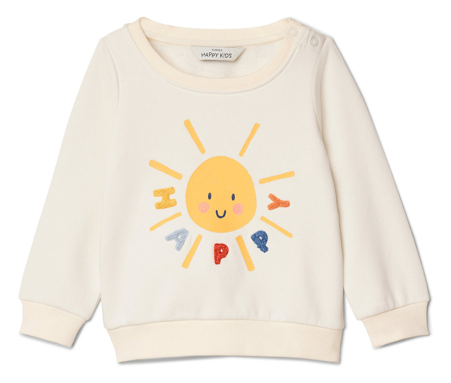 Ein cremefarbenes Sweatshirt mit einem gelben Sonnenaufdruck mit dem Wort HAPPY.
