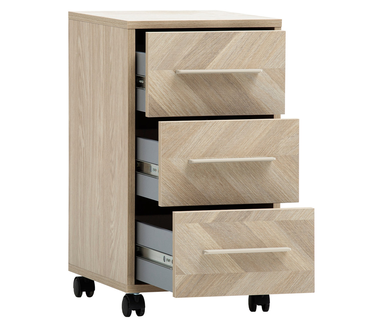 Ein heller Holzschrank mit drei Schubladen steht auf Rollen, wobei die oberste und unterste Schublade leicht geöffnet sind.