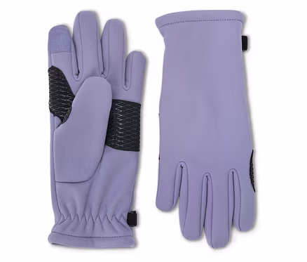 Ein Paar lavendelfarbene Handschuhe, wobei ein Handschuh auf der Handfläche und der andere auf dem Handrücken liegt.