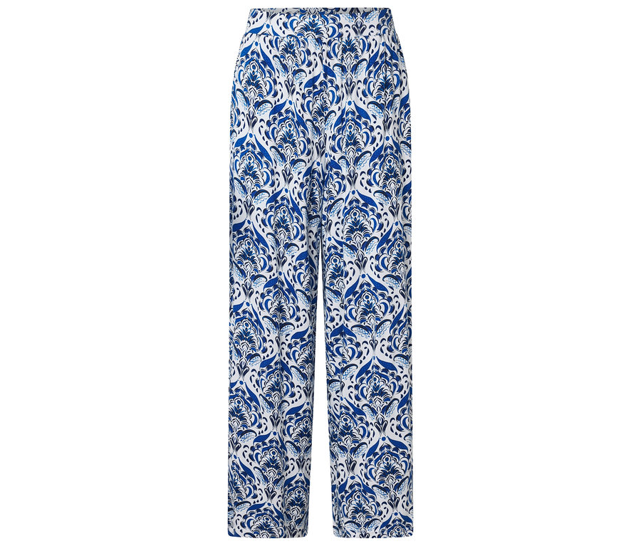 Eine lange, weite Hose mit blau-weißem Muster.