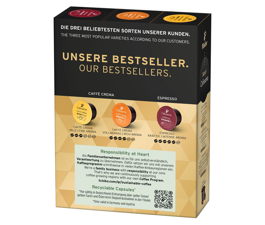 Eine Packung Cafissimo Best of Cafissimo 30 Kapseln mit drei Sorten: Caffè Crema Mild Fine Aroma, Caffè Crema Vollmundig Rich Aroma und Espresso Kräftig Intense Aroma.