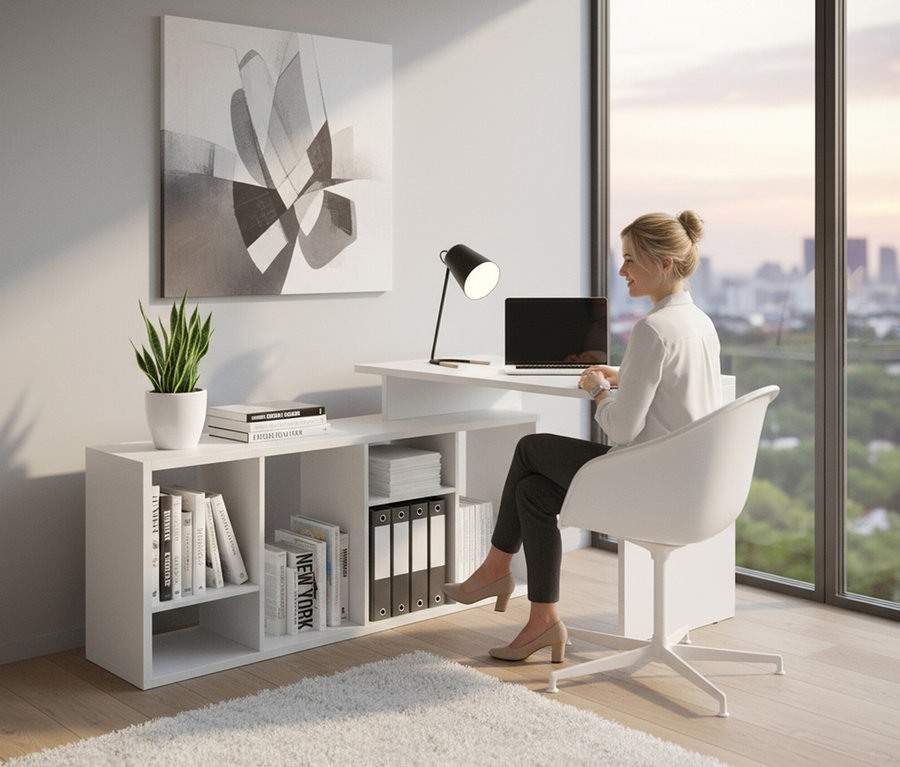 Frau sitzt am weißen Roba Set, Regal mit Schreibtisch vor einem Laptop.