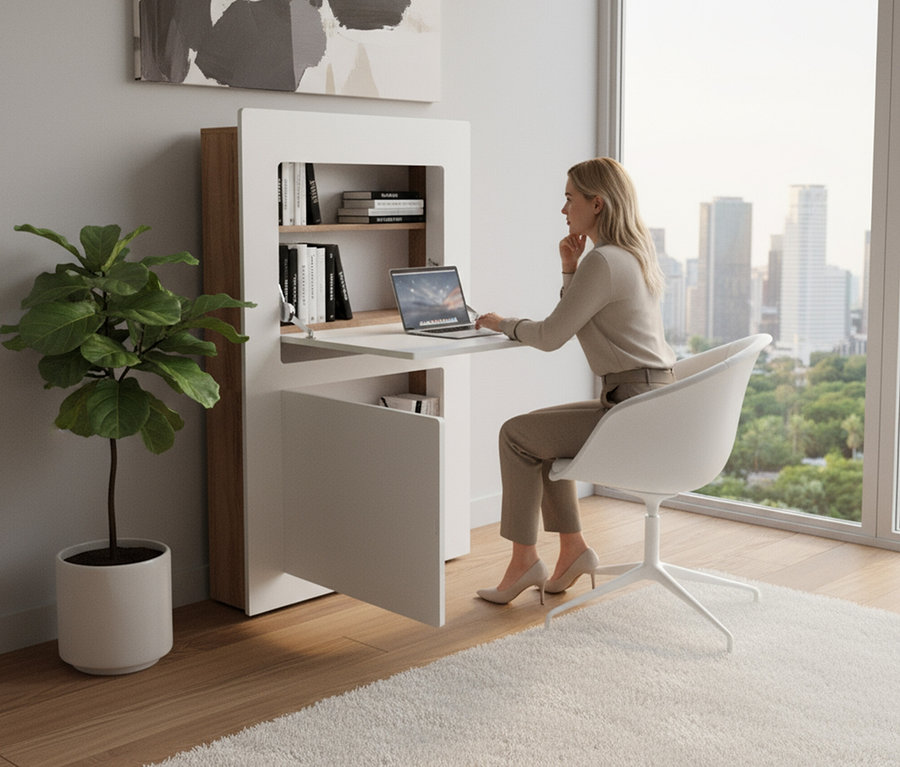 Frau sitzt am Roba Schreibtisch »Milano« und nutzt einen Laptop.