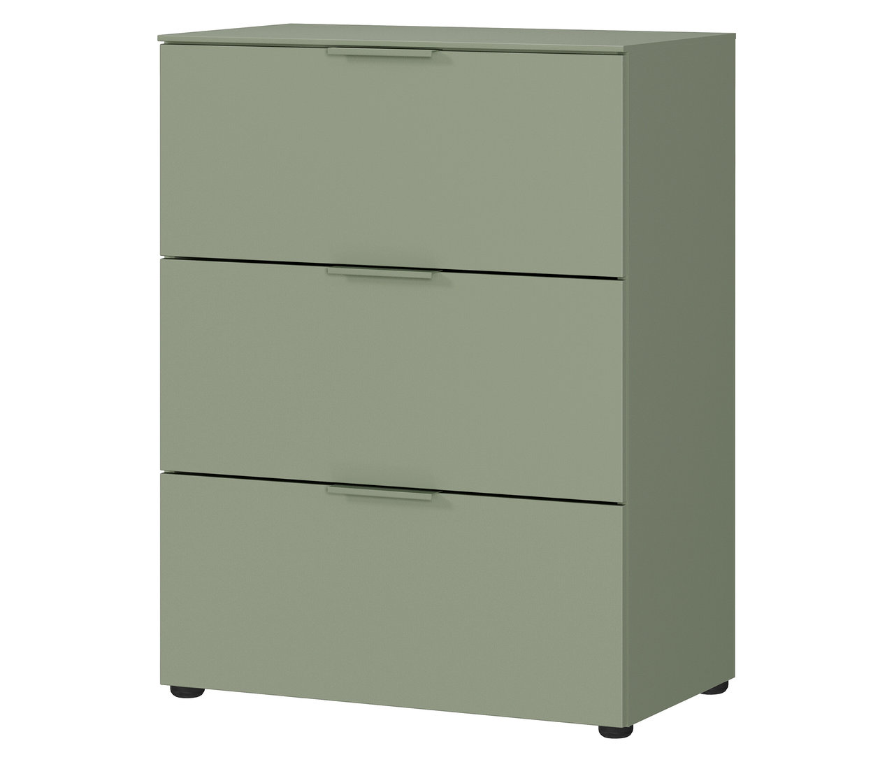 Kleine, taupegrüne Kommode »Savoca« mit drei Schubladen und Griffen.