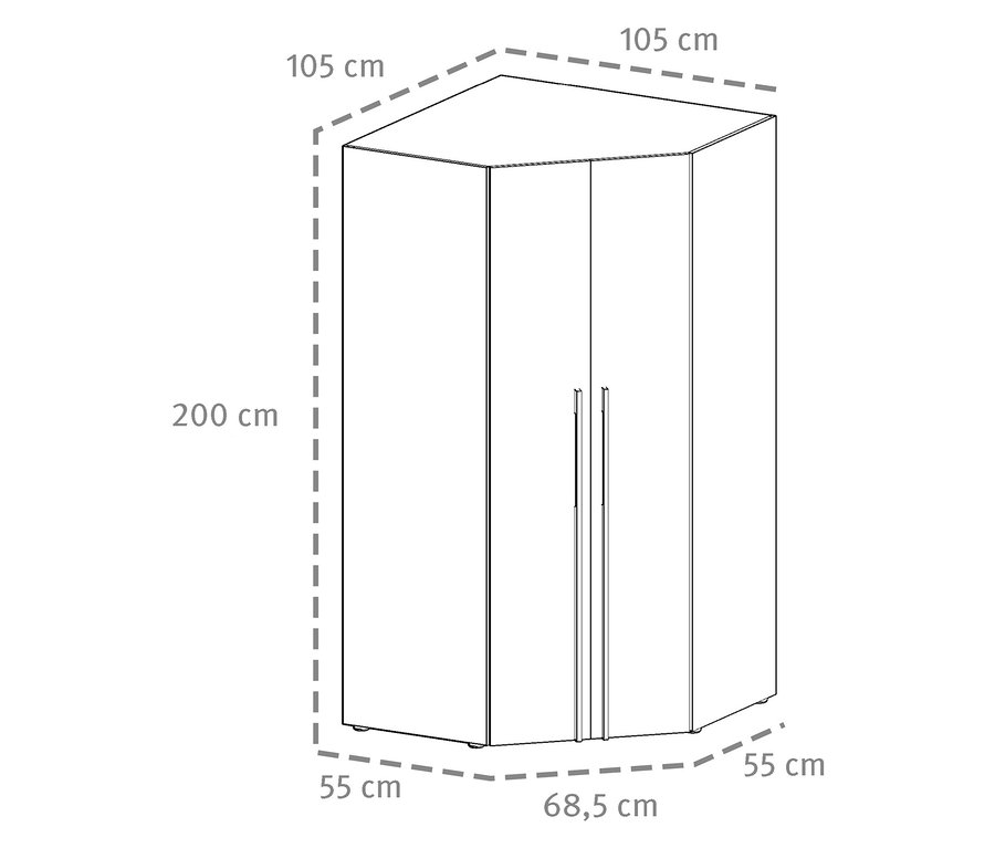 Illustration eines Roba Eckschranks »Marvin« mit Maßangaben.