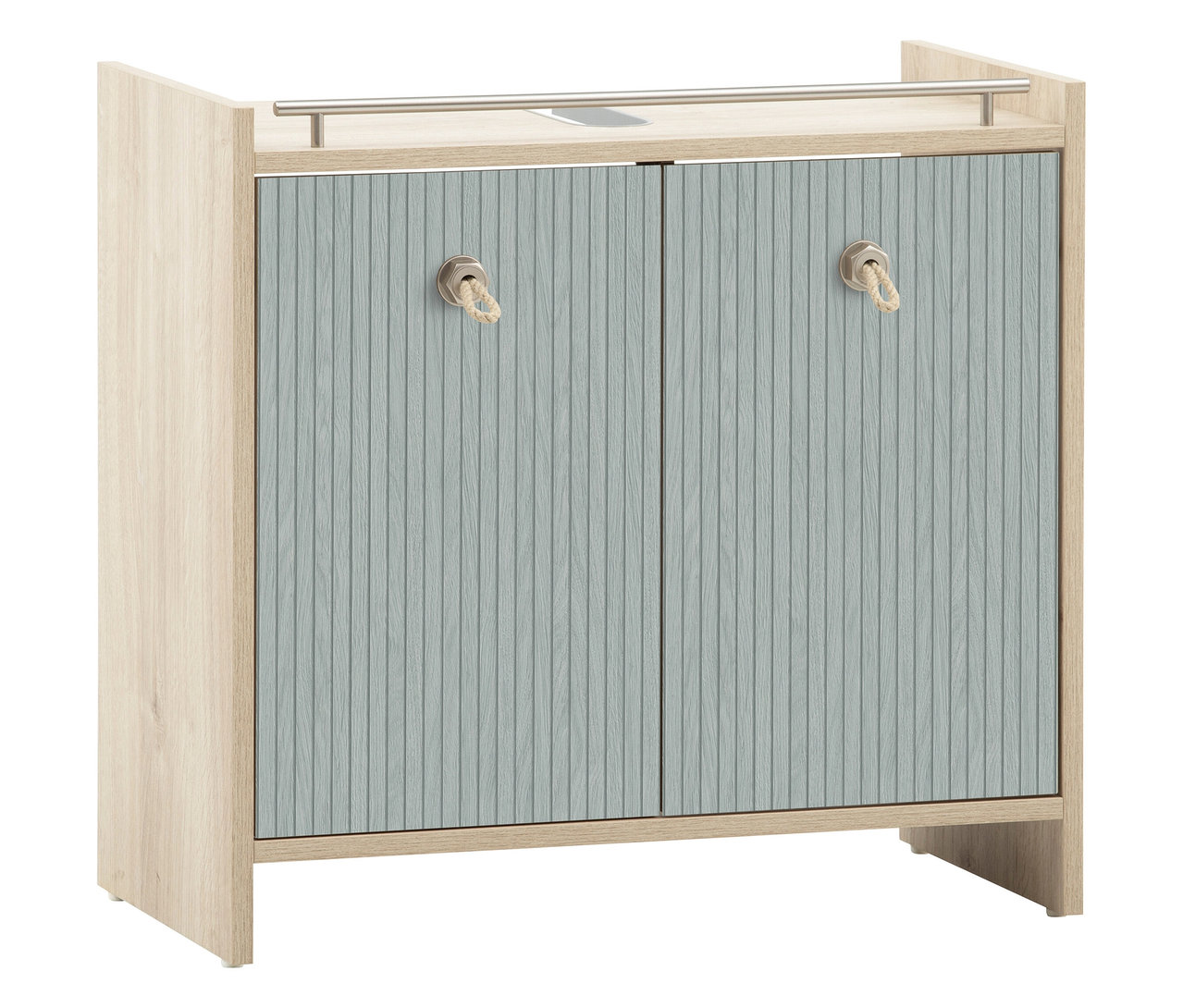 Ein beiger Schrank mit zwei blaugrauen Türen und Seilgriffen steht vor einem weißen Hintergrund.