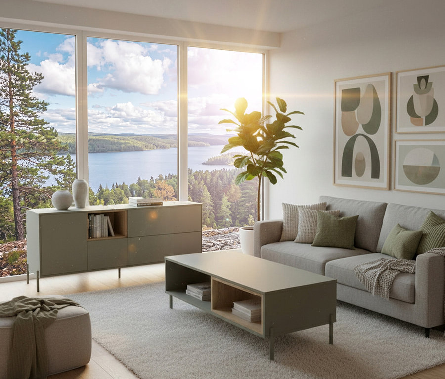 Wohnzimmer mit grauem Sofa, Bildern und salbeigrünem Couchtisch »Hygge« vor Fenster mit Seeblick.