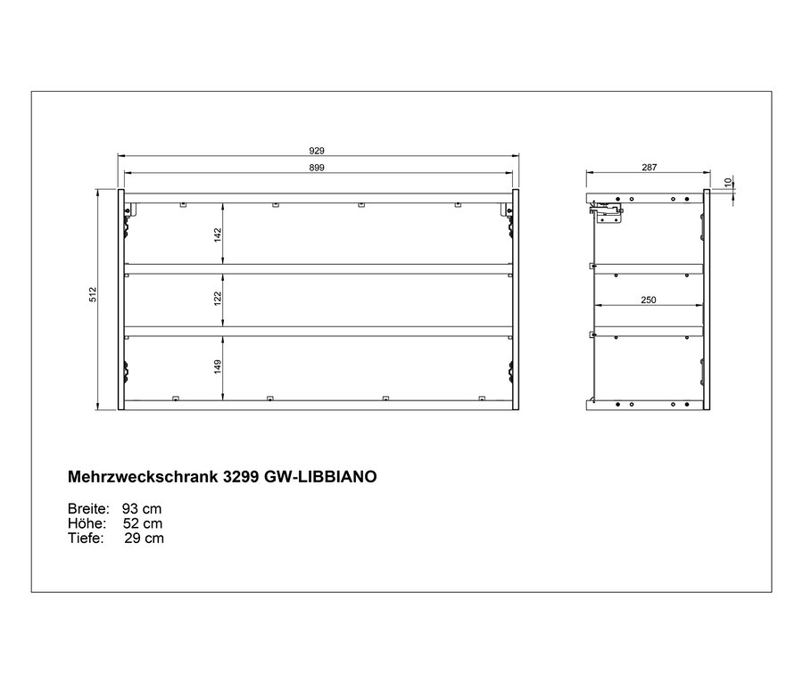 Draufsicht und Seitenansicht des Mehrzweckschranks 3299 GW-LIBBIANO mit Breiten-, Höhen- und Tiefenmaßen.