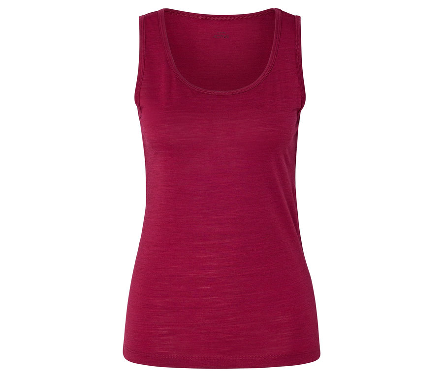 Rotes Tanktop mit Rundhalsausschnitt aus meliertem Stoff in tiefem Magentarot.