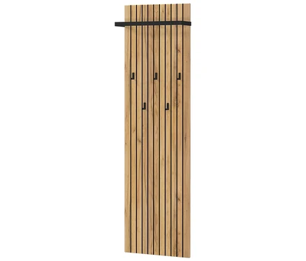 Ein Garderobenpaneel mit einer schwarzen Stange und Haken ist an einer Wand befestigt.