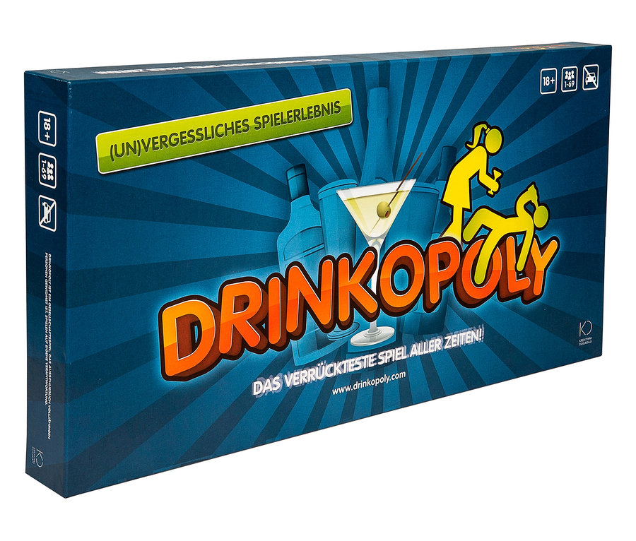 Nahaufnahme der Spielschachtel »Drinkopoly«.