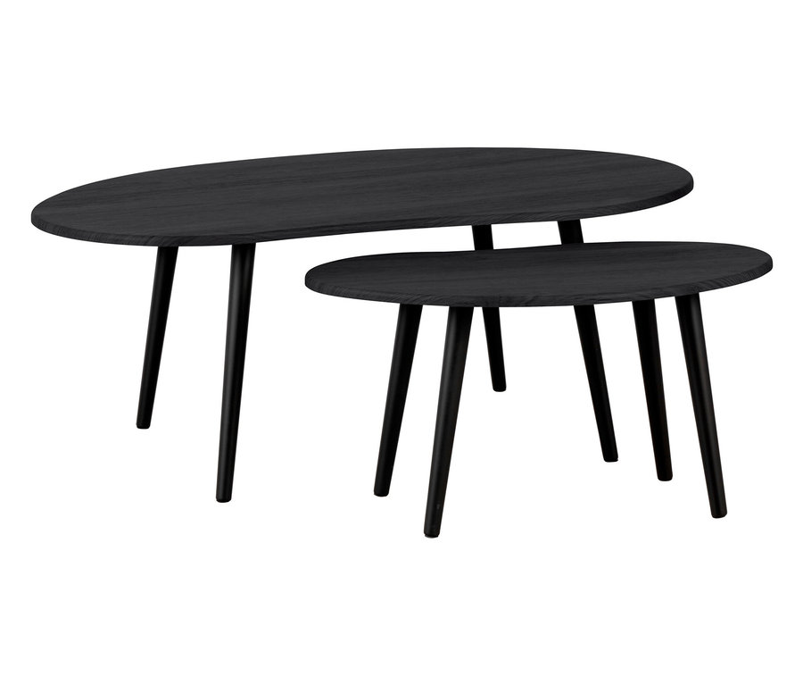 Zwei schwarze, ovale Couchtische unterschiedlicher Größe stehen übereinander.