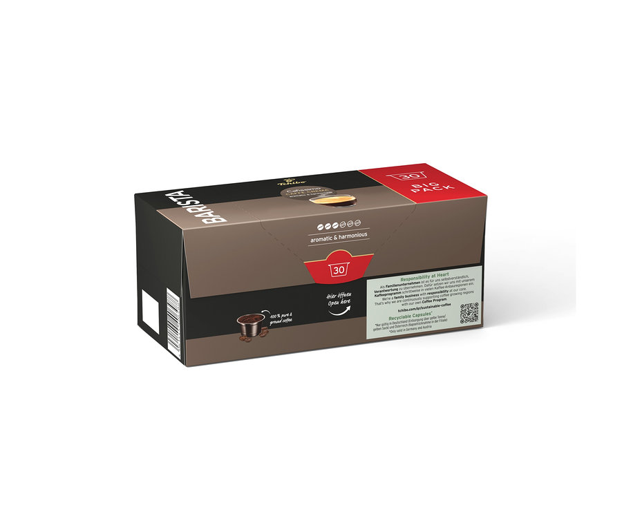 Eine braune Tchibo Barista Kaffeekapsel Großpackung mit 30 Kapseln ist zu sehen.