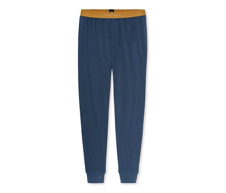 Dunkelblaue Pyjamahose mit hellbraunem Bund und "SCHIESSER"-Schriftzug, mit Bündchen an den Knöcheln.