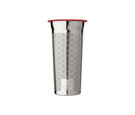 Ein Cold Brew Maker »BrewJar« aus Edelstahl mit rotem Deckel.