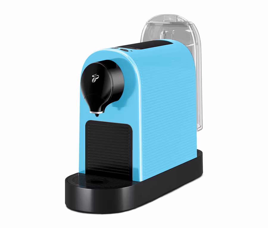 Hellblaue Kaffeekapselmaschine mit schwarzem Auslauf und transparentem Wassertank.