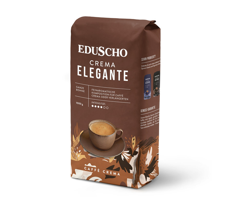 Eine Packung Eduscho Crema Elegante Kaffee mit einer Tasse Kaffee.