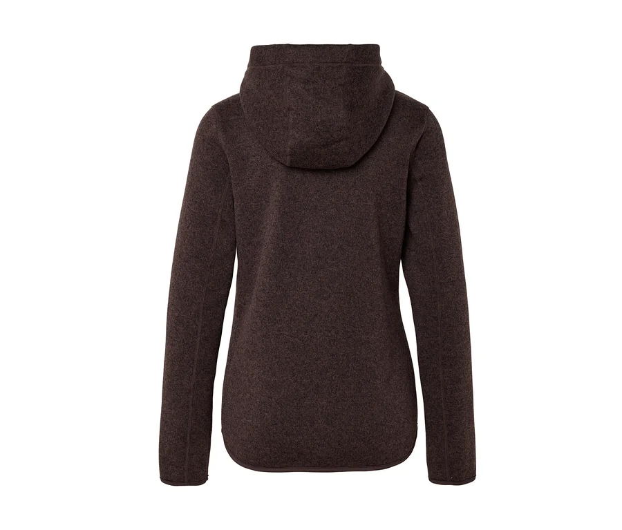 Dunkelbraune Kapuzenjacke, von hinten gesehen, mit langen Ärmeln, strukturiertem Stoff und abgerundetem Saum.