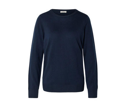 Dunkelblauer Langarm-Pullover mit Rundhalsausschnitt und Rippbündchen, auf weißem Hintergrund.