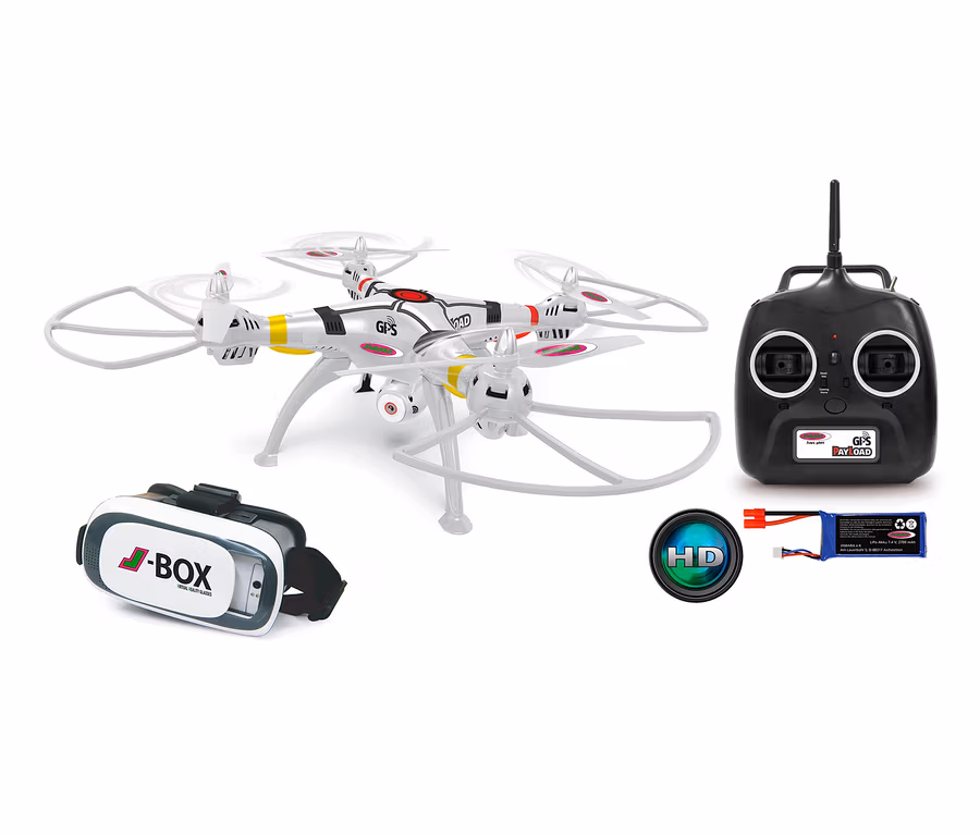 Auf einem weißen Hintergrund sind ein weißer Quadrocopter, eine Steuerung, eine VR-Brille und eine Batterie abgebildet.