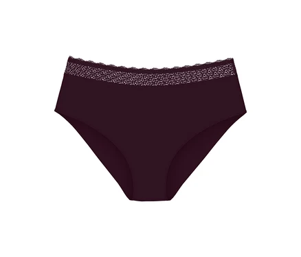 Dunkelviolette High-Waist-Slips mit zarter Spitzenborte am Bund.