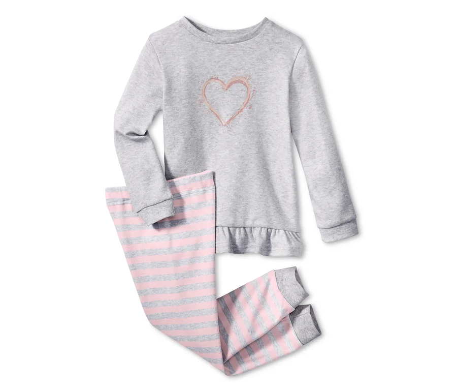 Grauer Interlock-Pyjama mit langen Ärmeln und rosa gestreifter Hose.
