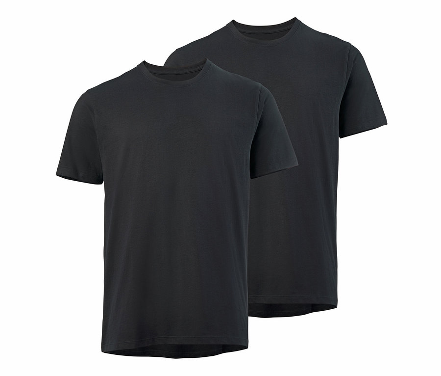 Zwei schwarze T-Shirts mit Rundhalsausschnitt.