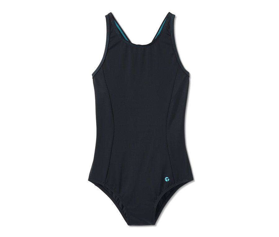 Schwarzer Sportbadeanzug mit recyceltem Material.