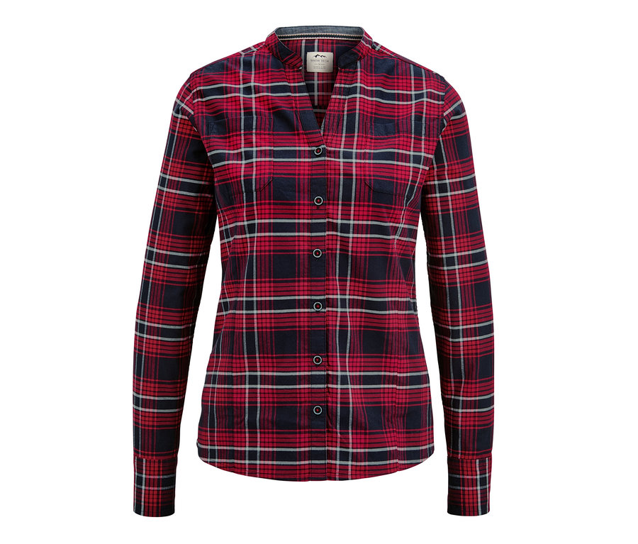 Karierte Flanell-Bluse mit langen Ärmeln in Rot, Schwarz und Weiß.