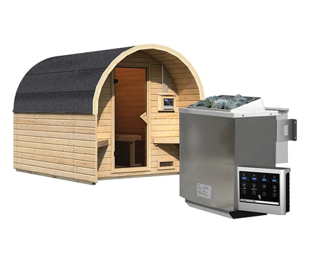 Karibu Fasshaus »Orkla«, naturfarben, inkl. 9 kW-Bio-Ofen mit externer Steuerung.