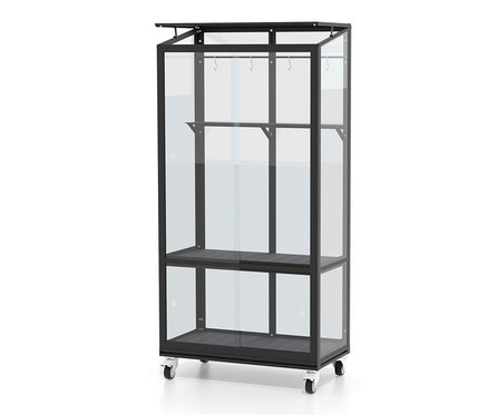 Schwarzes Vitavia Balkongewächshaus mit Rollfundament.