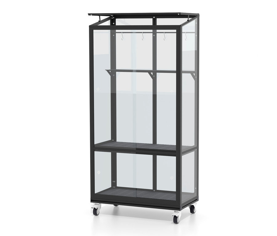 Schwarzes Vitavia Balkongewächshaus mit Rollfundament.